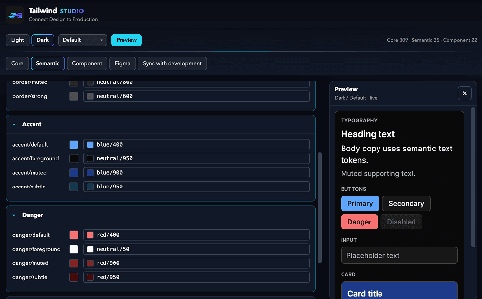 Tailwind Studio plugin — semantic tokens, live preview, and generated CSS side by side